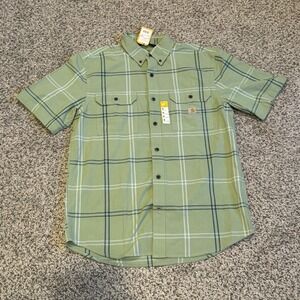 Carhartt Shirt Mens Medium Green Plaid Short Sleeve Button Front Cotton Workwear